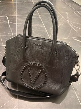 Valentino Black Leather Studded V Satchel Bag